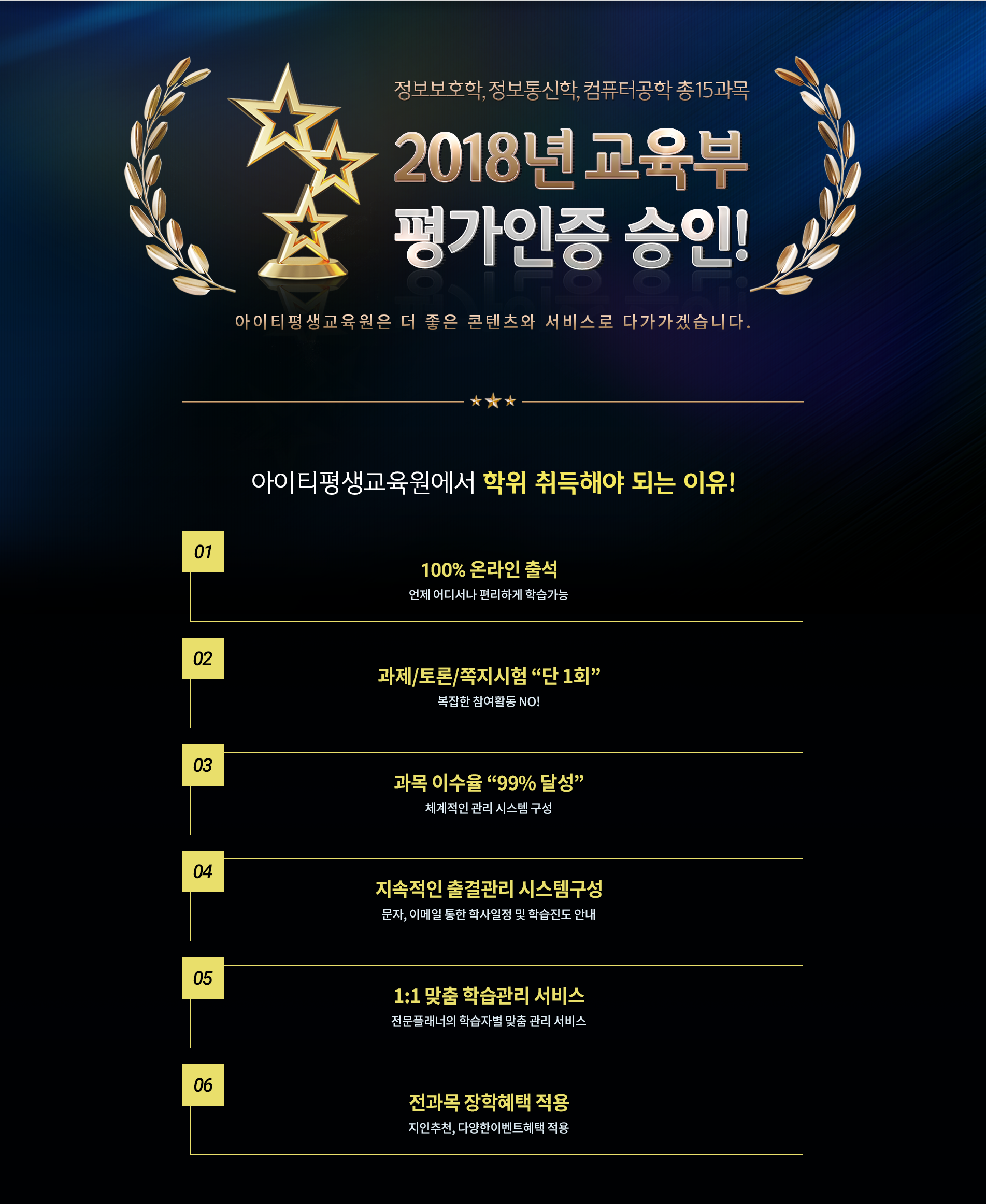 정보보호학, 정보통신학, 컴퓨터공학  총 15과목 - 2018년 교육부 평가인증 승인!